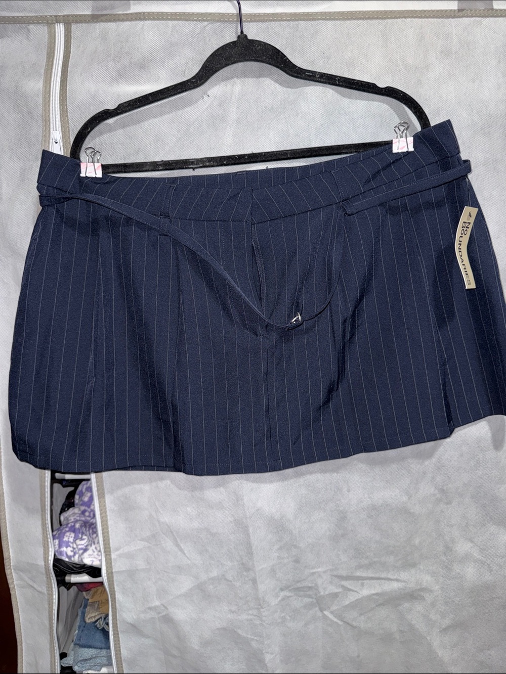 No Boundaries Navy Pinstripe Skort with Belt Detail